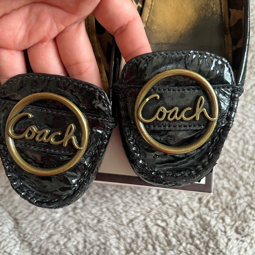 Coach Black Patent Leather Loafers with Gold Logo Medallions - Picture 9 of 11